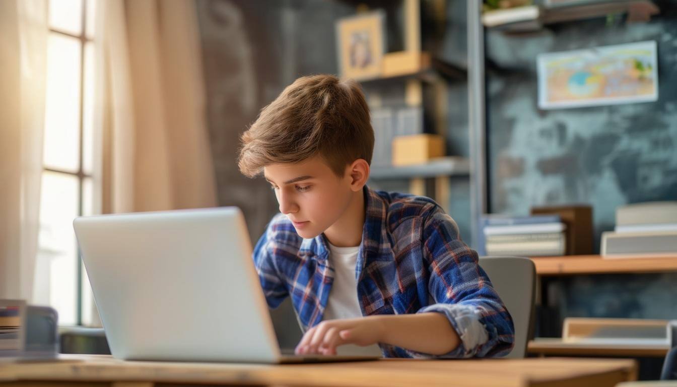 online tutoring teenager kid with laptop and a clean back ground